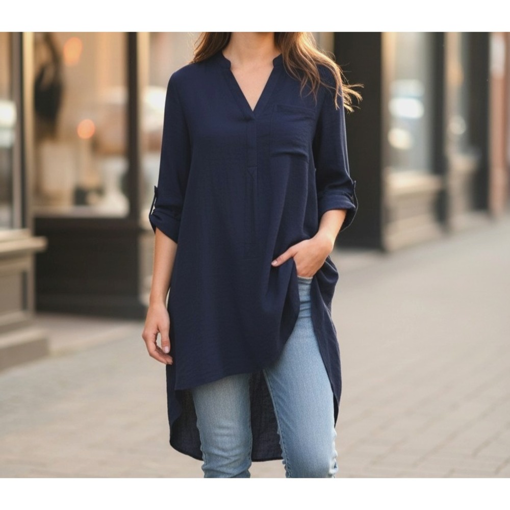 NWOT Lush S Navy Split-Neck Dress Roll-Tab Sleeves Stand-Up Collar w/Pockets